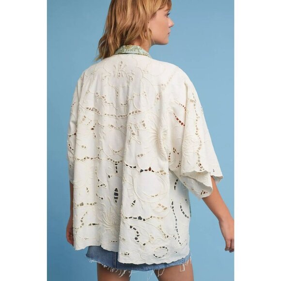 Anthropologie Floreat Boho Lace Kimono Laser Cut Linen Cotton White Green‎ OS - Picture 3 of 14